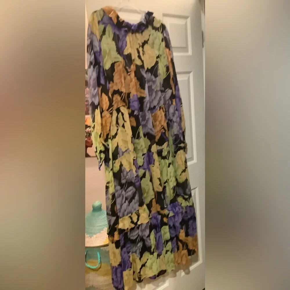 Anthropologie Floral Long-Sleeve Maxi Dress in Black, Yellow & Lavender - Picture 6 of 11